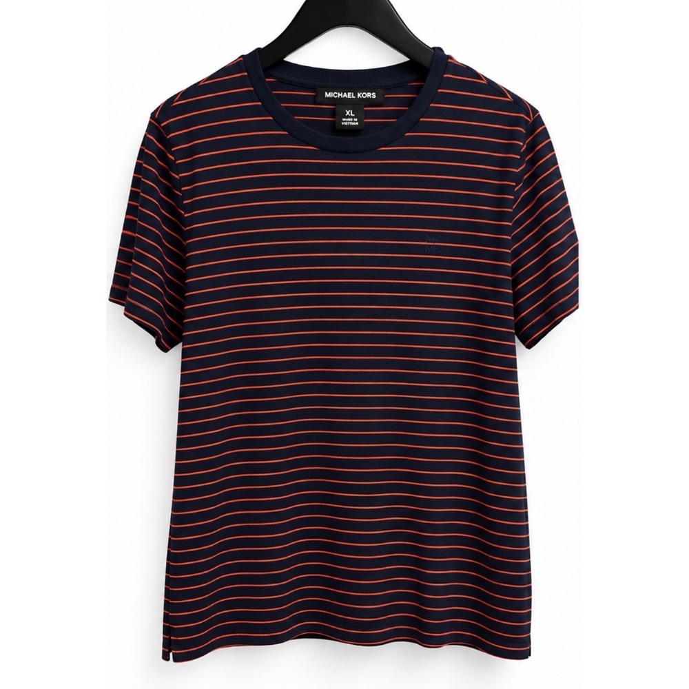 Michael Kors Mens XL Navy Blue Orange Striped Cotton Short Sleeve T-Shirt